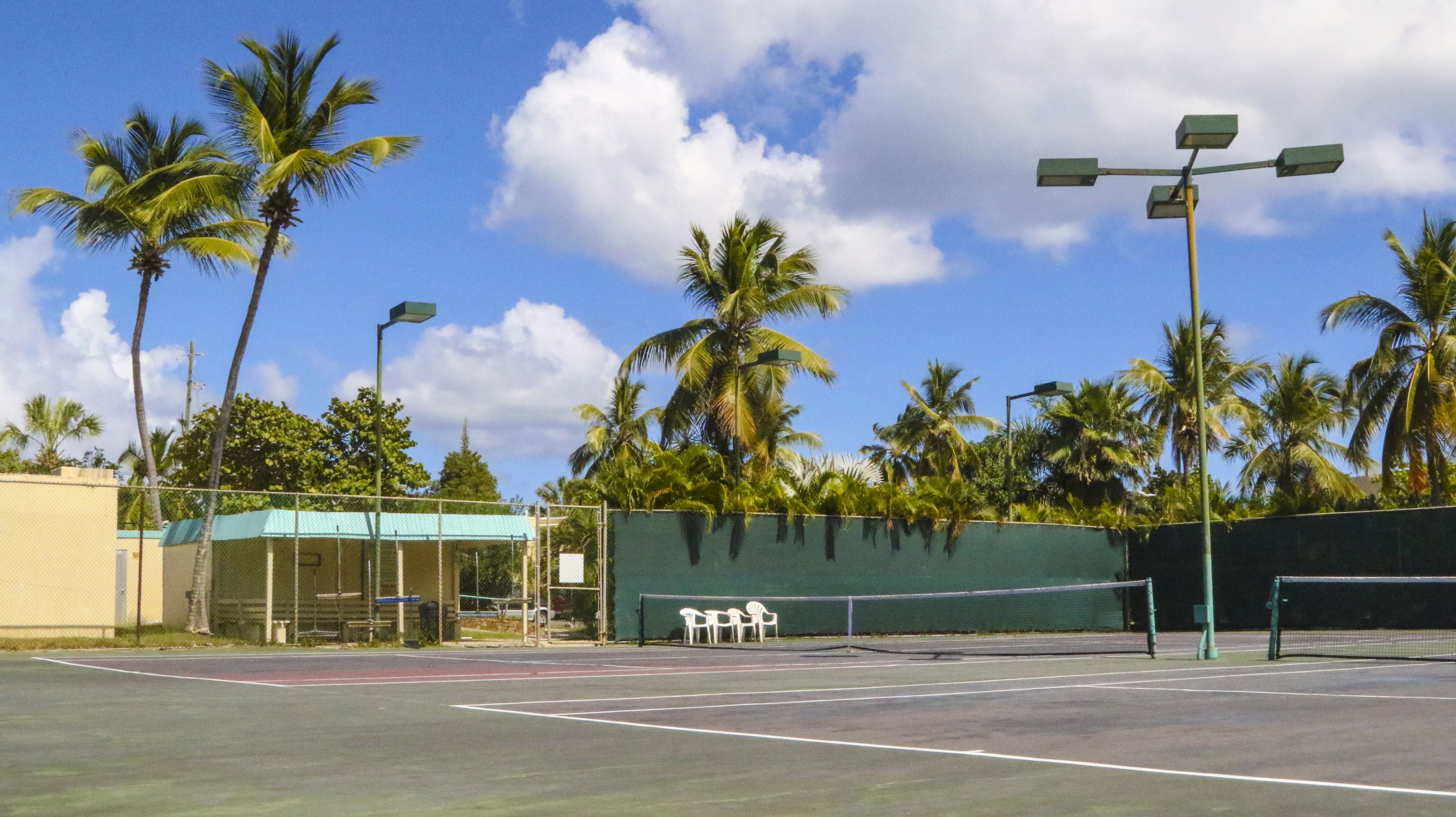 Ein Tennisplatz im Freien mit grünem Zaun, Palmen und einer überdachten Sitzgelegenheit.