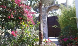 A stone archway leading to a wooden door, surrounded by lush greenery and flowering plants. - B&B Masseria delle rose 1760 (Alessano)
