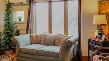 Smart TV, fireplace, books, offices