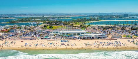 On the beach, sun-loungers, beach towels