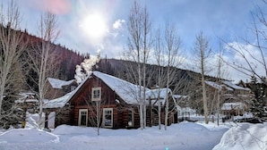 A log cabin with a snow-covered roof, surrounded by trees and a mountain in the background. - Settlers Creek 6514 (Keystone)
