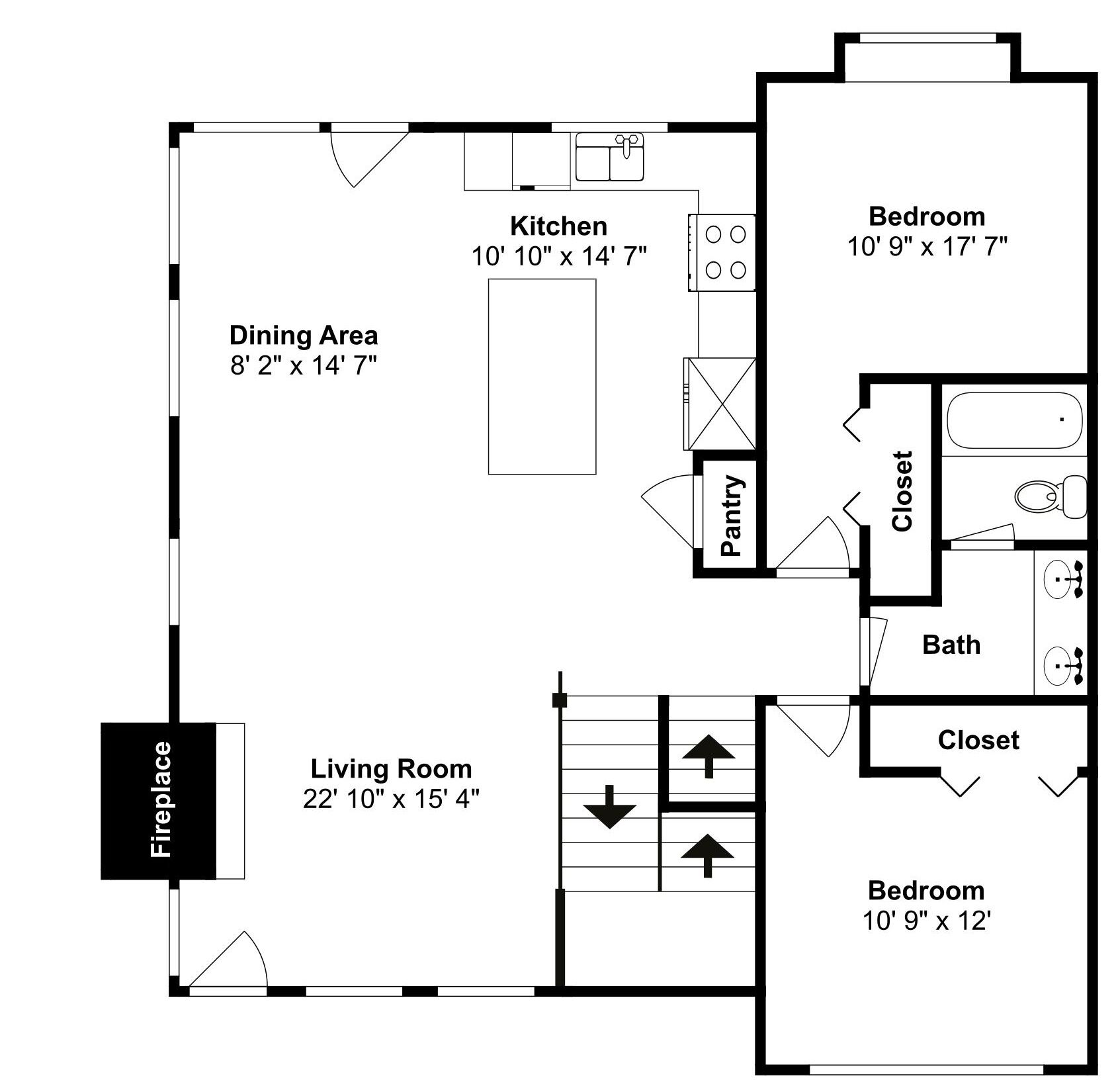 Een plattegrond met een eetruimte, keuken, twee slaapkamers, een woonkamer en een badkamer.