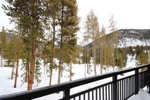 A snowy landscape with a wooden deck and tall trees. - Pines 2074 (Keystone)