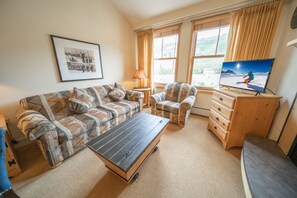 设计公寓式客房, 1 间卧室, 壁炉, 度假村景观 (Silver Mill 8298) | 起居区 | 智能电视、壁炉、DVD 播放器