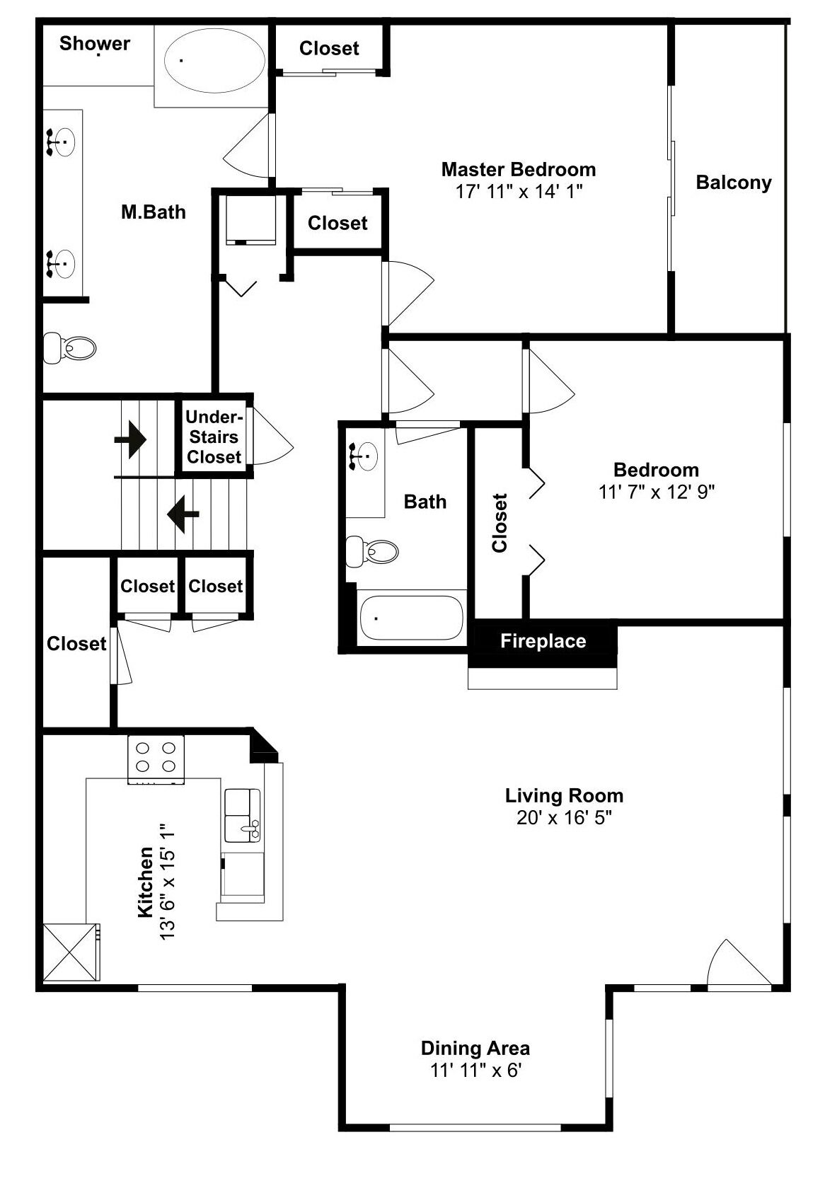 A floor plan with a master bedroom, balcony, bathroom, kitchen, dining area, living room, and multiple closets.