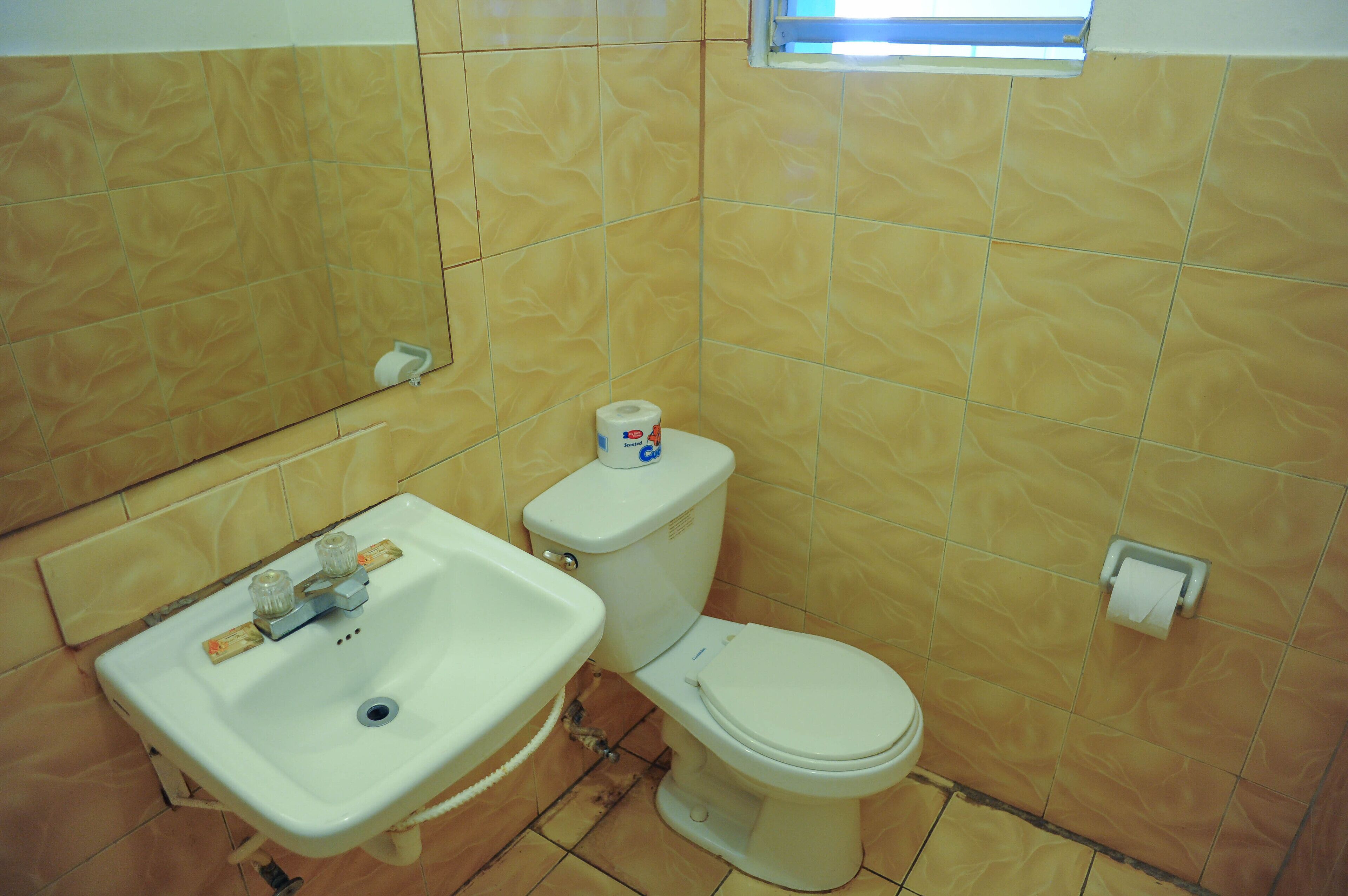 Een badkamer met een wastafel, toilet en een toiletrolhouder aan de muur.