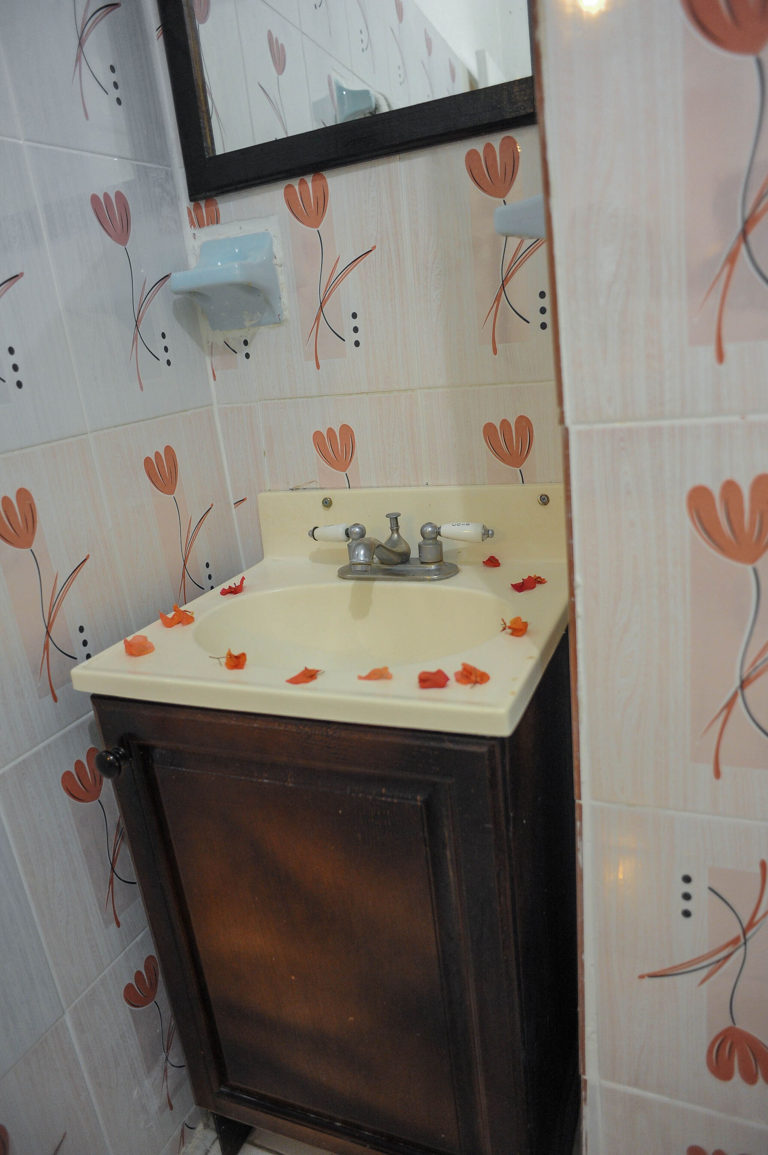 A bathroom with a sink, mirror, and decorative wall tiles.
