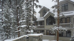 A snow-covered lodge with a stone entrance labeled "IRONWOOD."