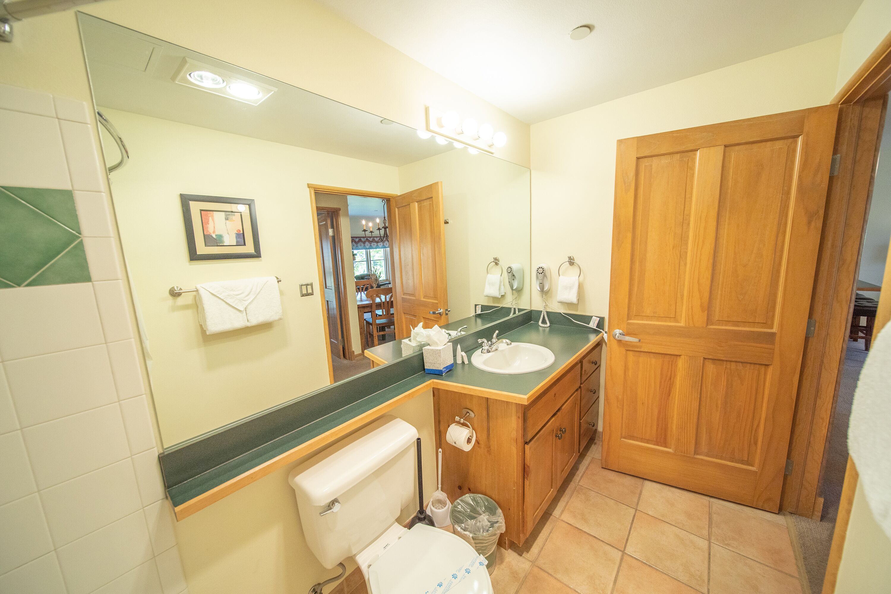 A bathroom with a toilet, sink, and mirror. There is a wooden door and a trash can.