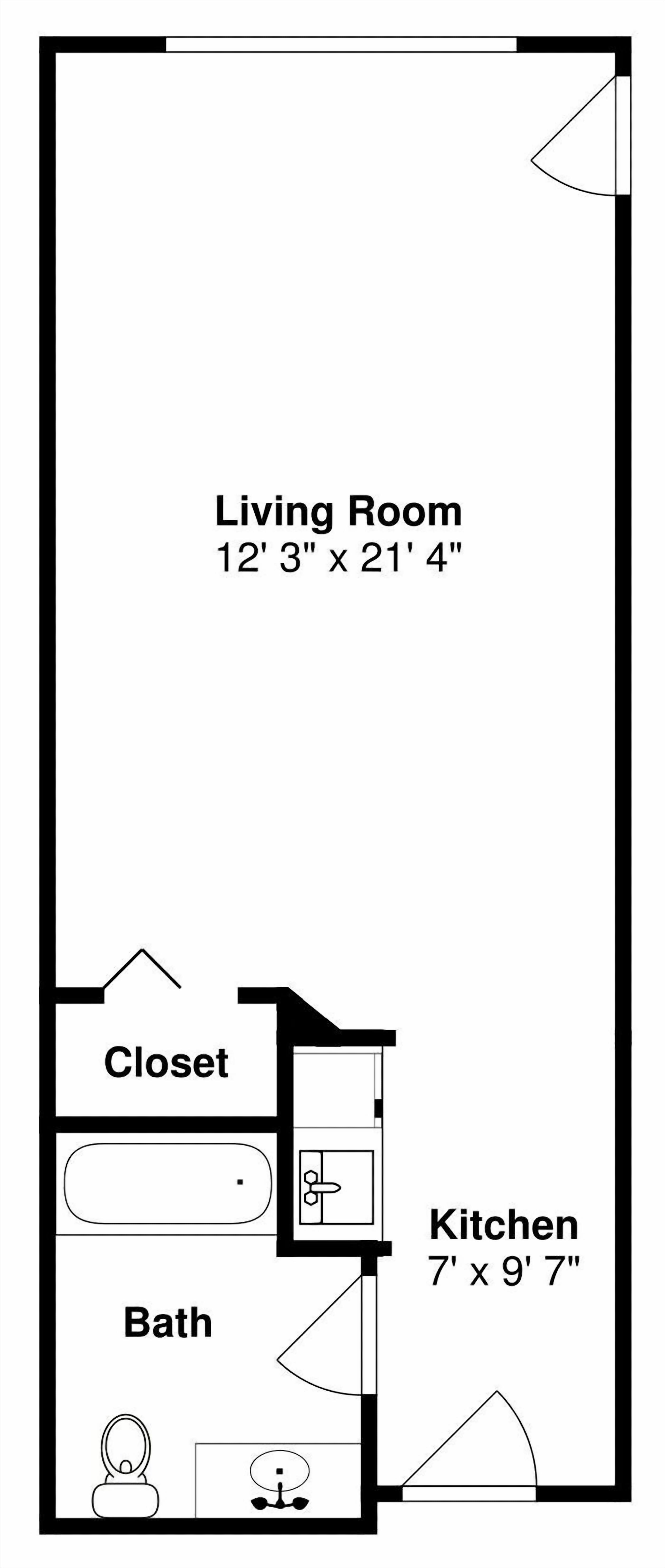 Een plattegrond van een appartement met één slaapkamer, met een woonkamer van 3,7 meter bij 6,5 meter, een keuken van 2,1 meter bij 2,9 meter, een inloopkast en een badkamer.