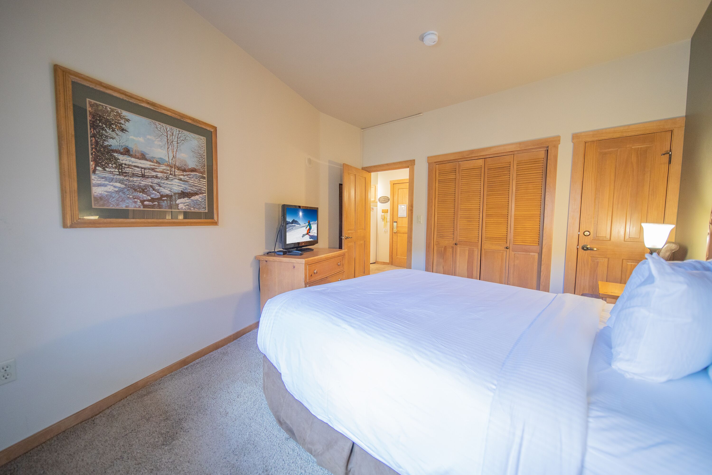 A bedroom with a large bed, wooden wardrobes, a television, and a framed painting on the wall.