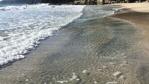 Ein Strand mit klarem, flachen Wasser, Sandstrand und einer felsigen Klippe mit Vegetation.