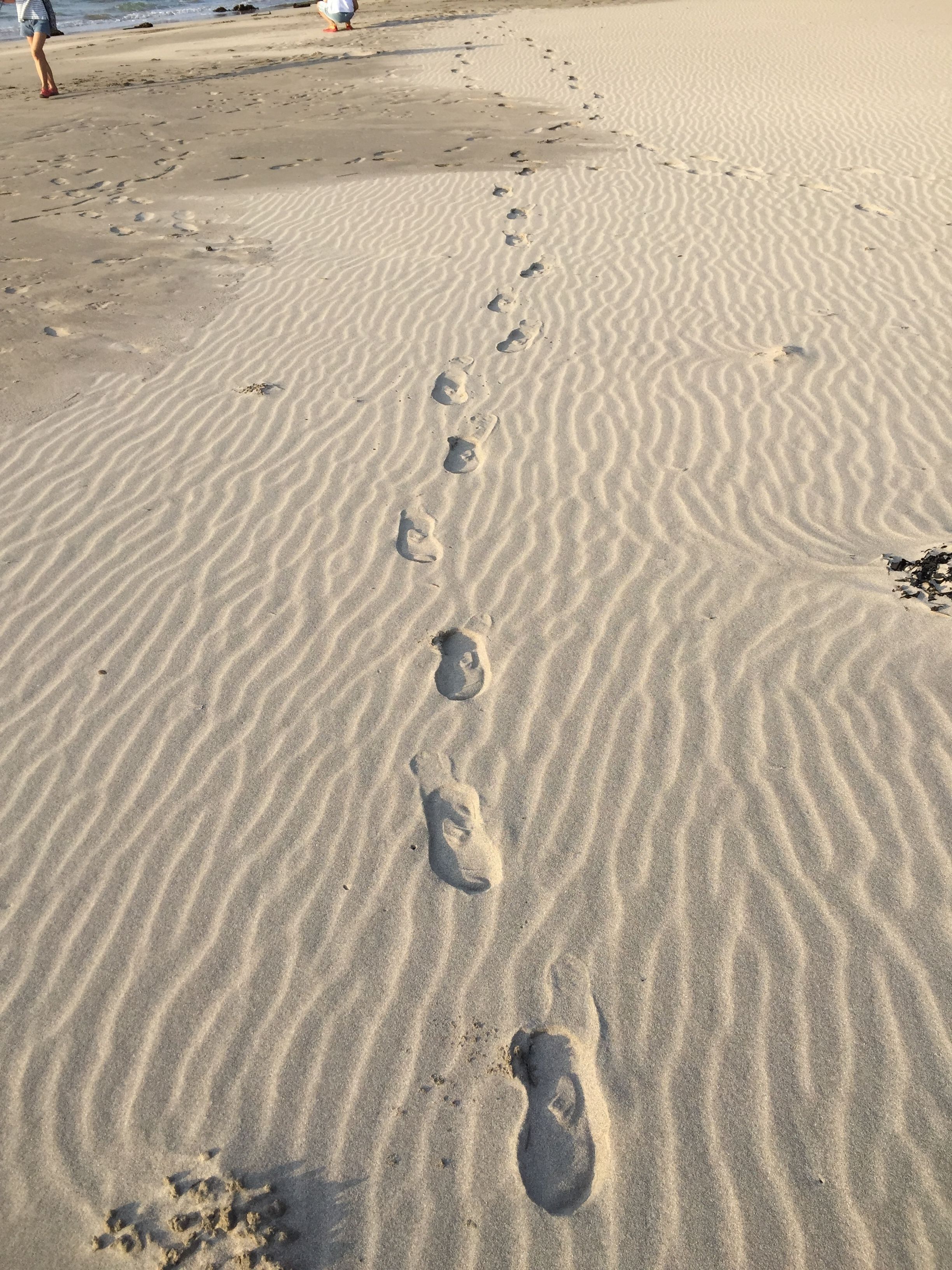 A sandy beach with footprints leading towards the water.