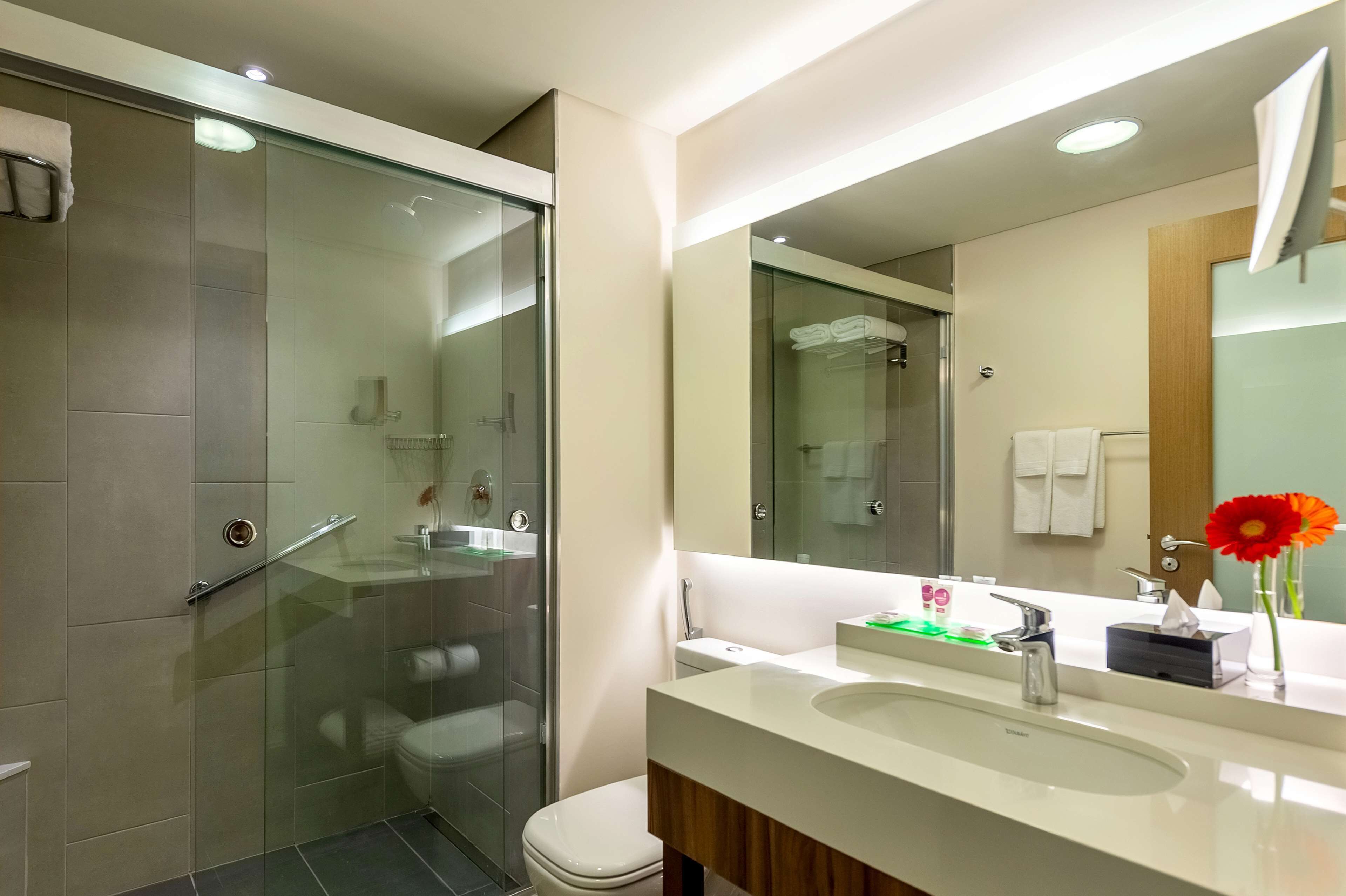 designer toiletries, hair dryer, towels, soap