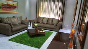 Un salon avec deux canapés, une table basse et un tapis en gazon synthétique vert.