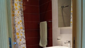 Une salle de bain avec une douche, un lavabo et un miroir.