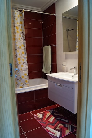 Bathroom features a shower area, bathtub, sink, and mirror.