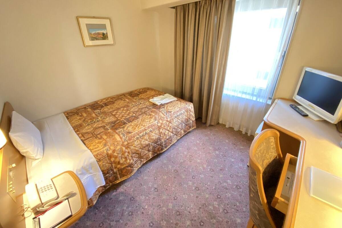 A hotel room with a bed, a desk with a television, a phone, and a picture on the wall.