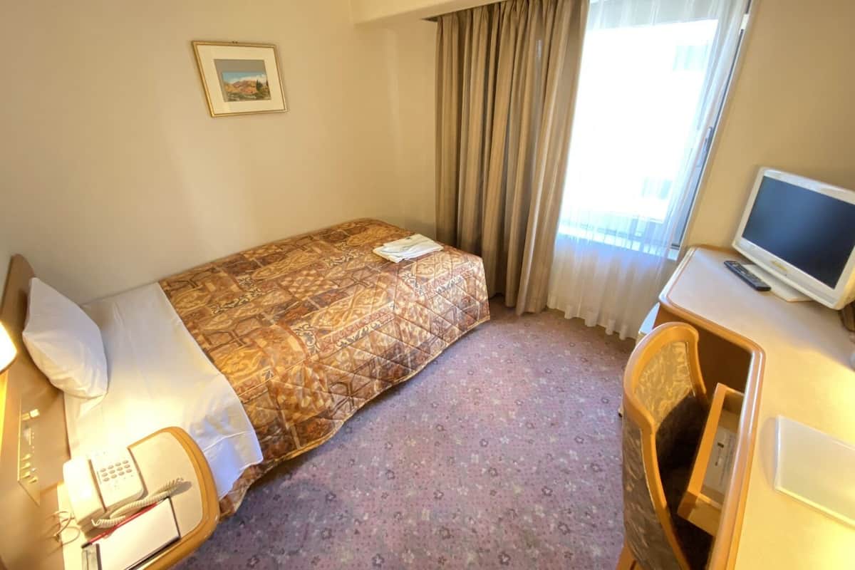 Una habitación de hotel con una cama, un escritorio con televisor, teléfono y un cuadro en la pared.