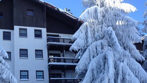 A ski resort with a building featuring multiple balconies and snow-covered trees. - Whistlepunk #4 - Complete Renovation, Truly Slopeside, Near 2 Lifts & Village (Snowshoe)