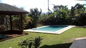 A rectangular pool with a stone border, surrounded by a well-maintained lawn and various tropical plants.