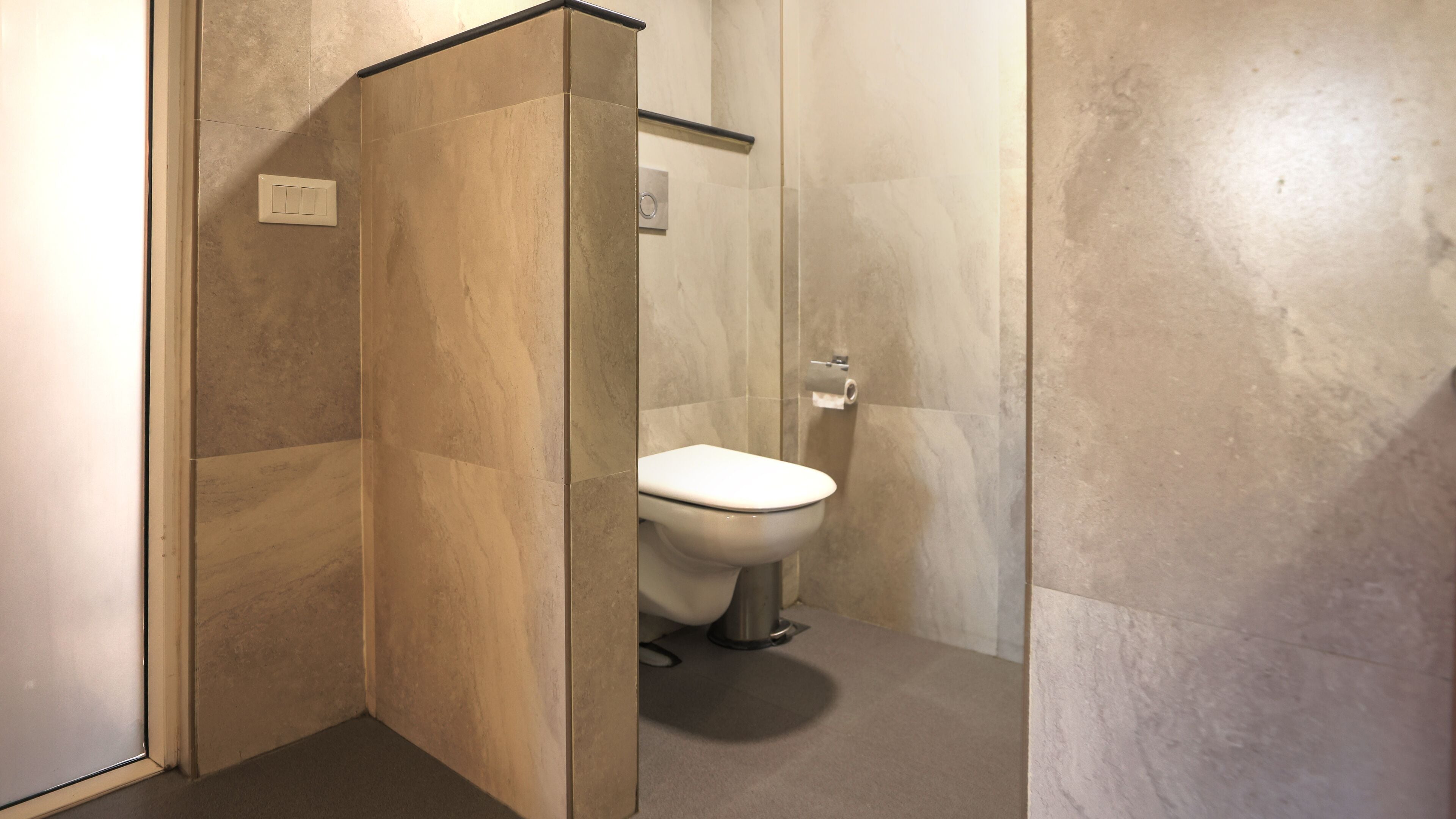 A modern bathroom with a glass shower enclosure, a toilet, and a towel rack.