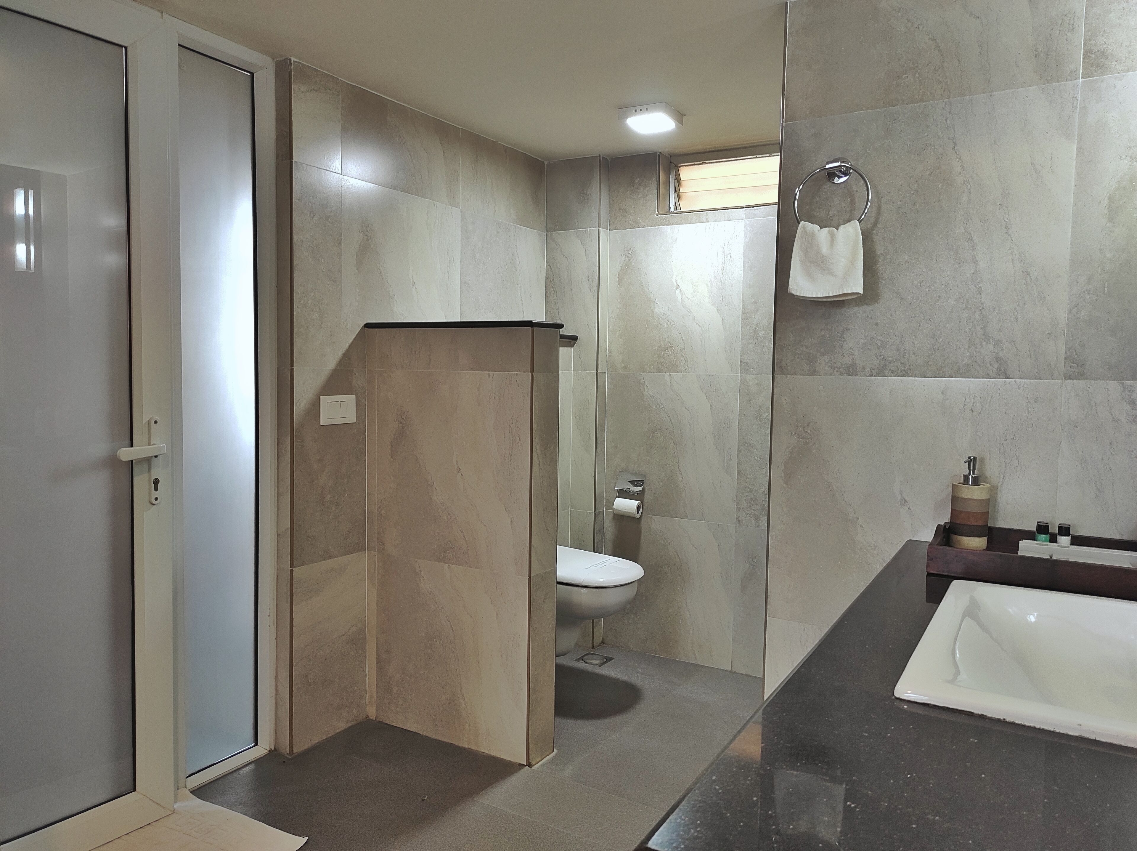 Un bagno moderno dotato di doccia, WC e lavandino.