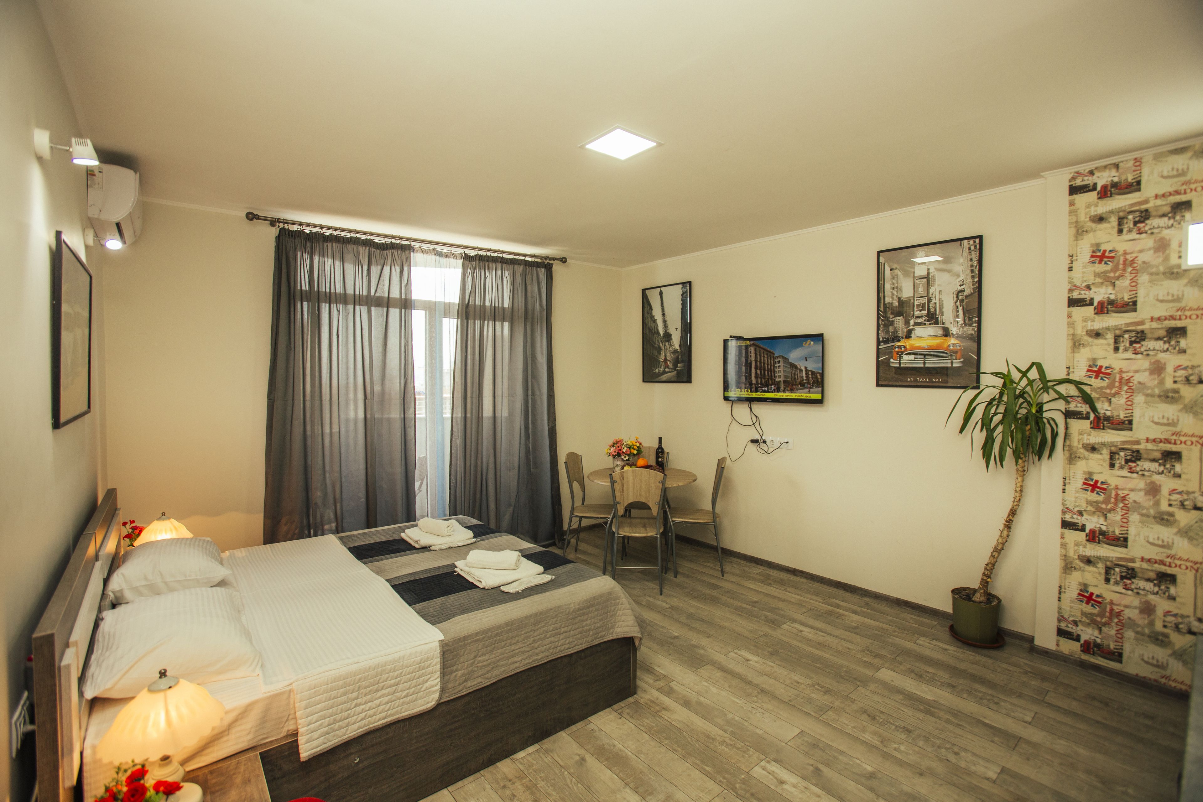 Habitación de hotel con una cama, un escritorio, una silla, una planta en maceta y un cuadro en la pared.