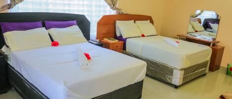 Memory-foam beds, desk, iron/ironing board