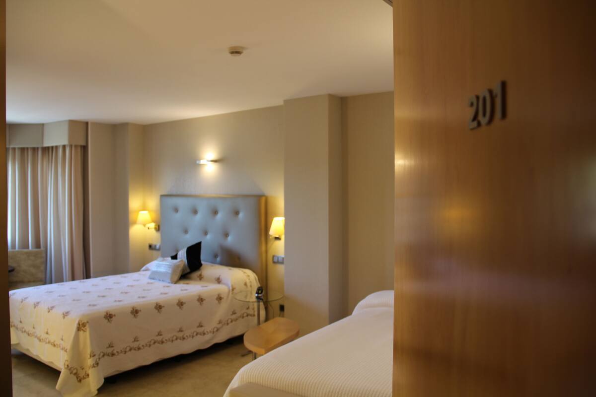 Une chambre d’hôtel avec un grand lit, un plus petit lit et une porte en bois portant le numéro 201.