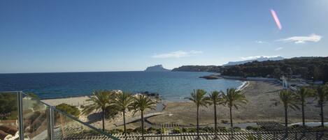 Vista a la playa desde un balcón con palmeras y cielo despejado.