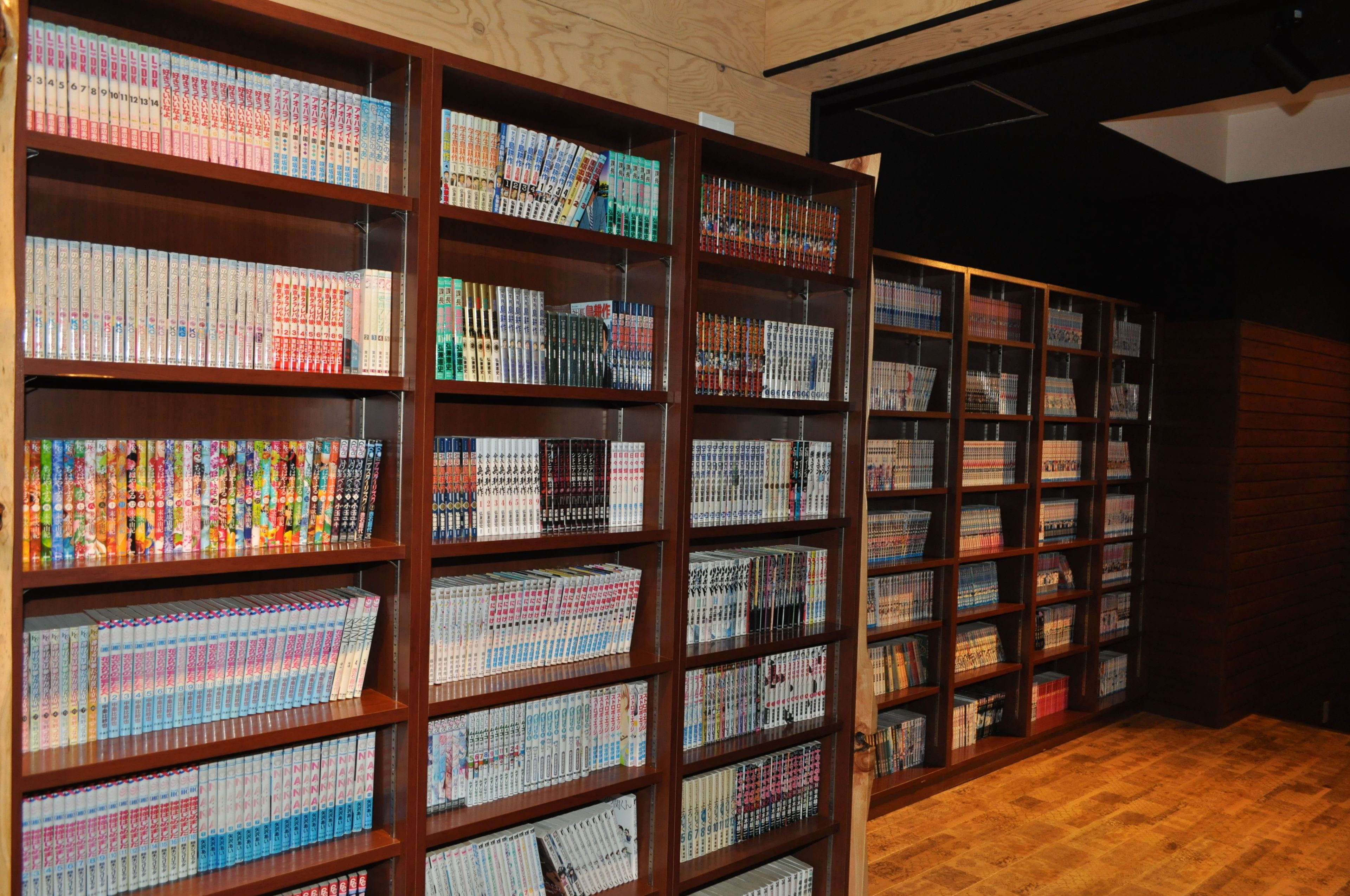 A library with wooden bookshelves filled with books.