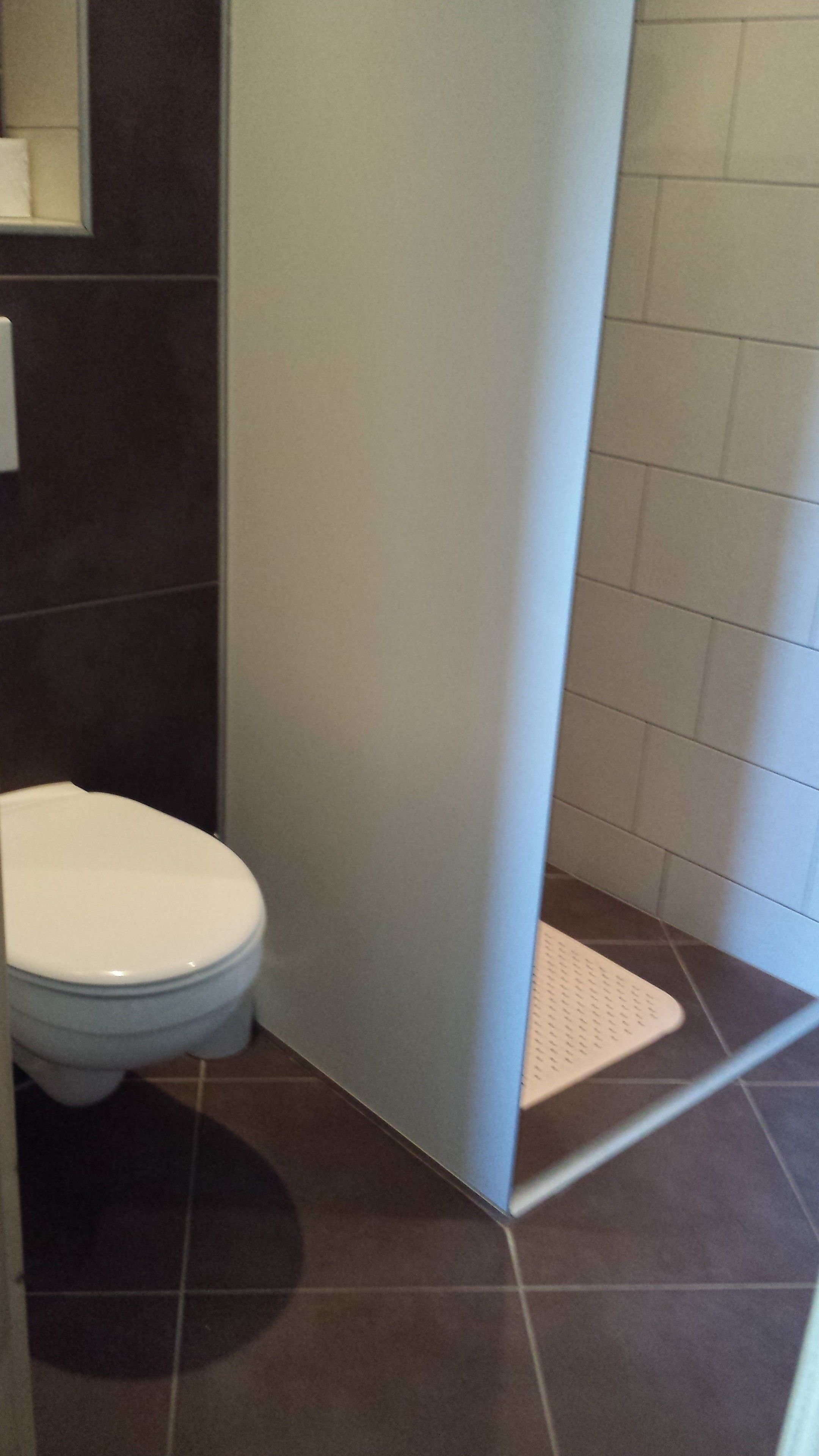 Une salle de bain comprenant des toilettes, un espace douche et des murs carrelés.