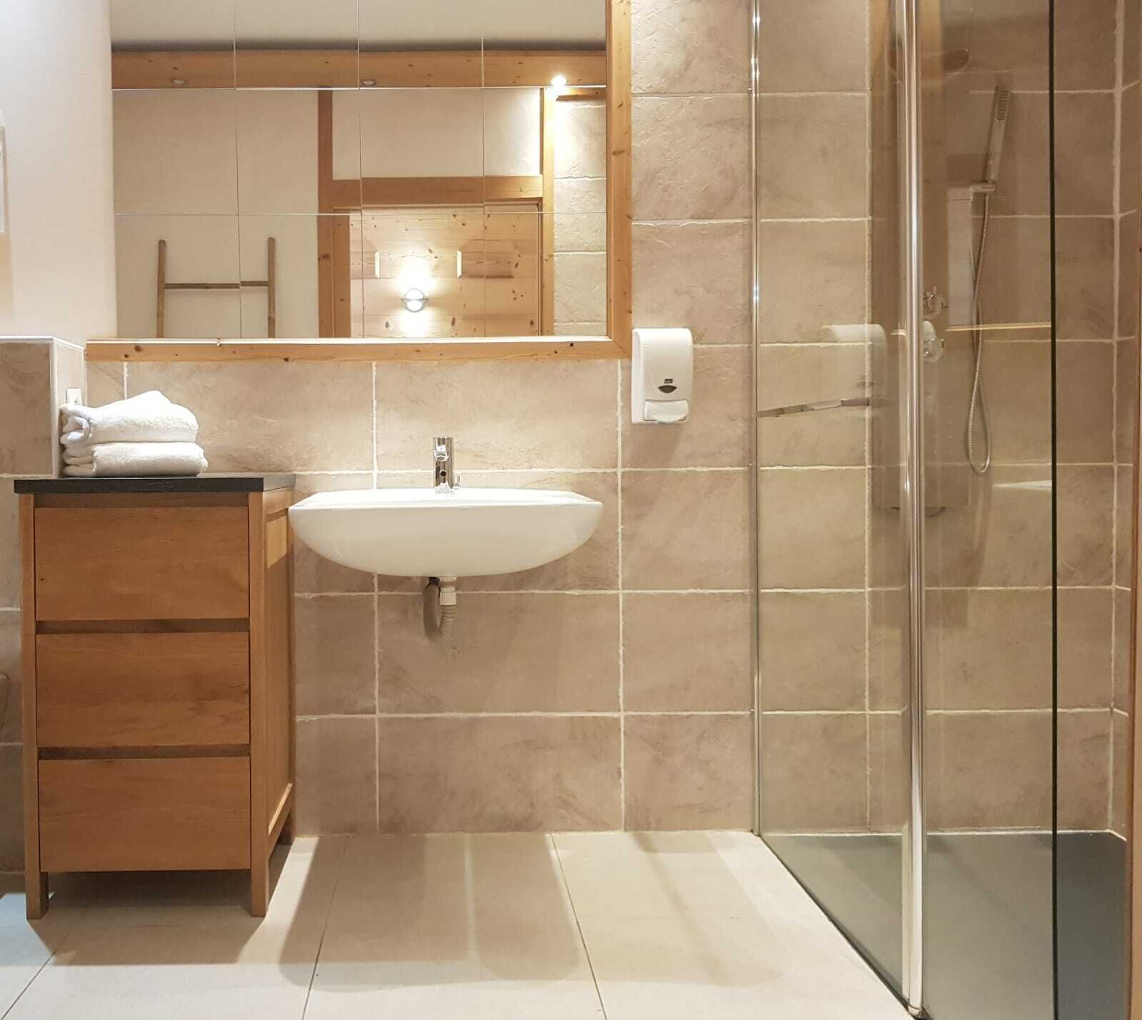 A modern bathroom with a sink, mirror, and glass shower enclosure.
