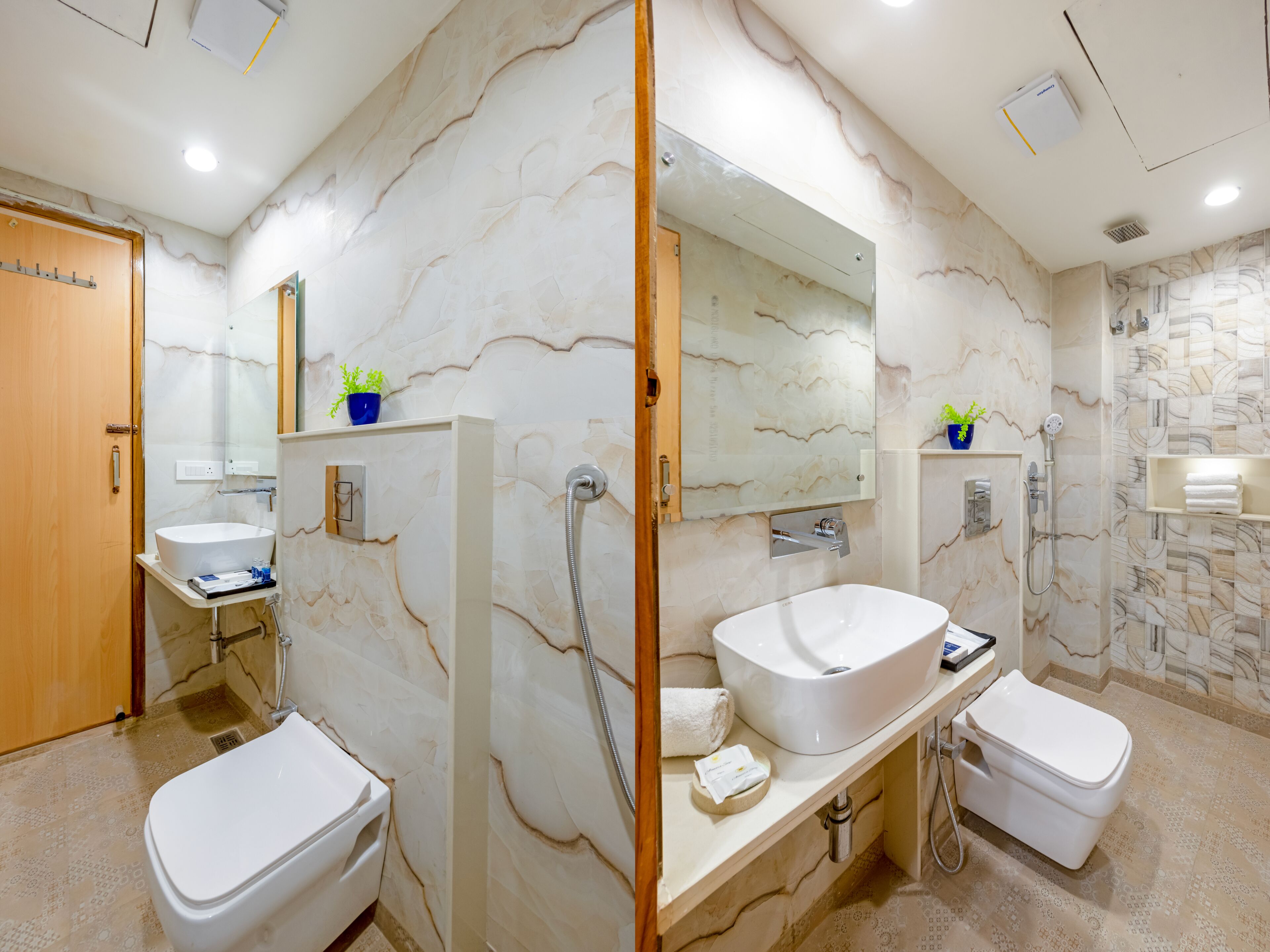 Shower, rainfall showerhead, free toiletries, hair dryer