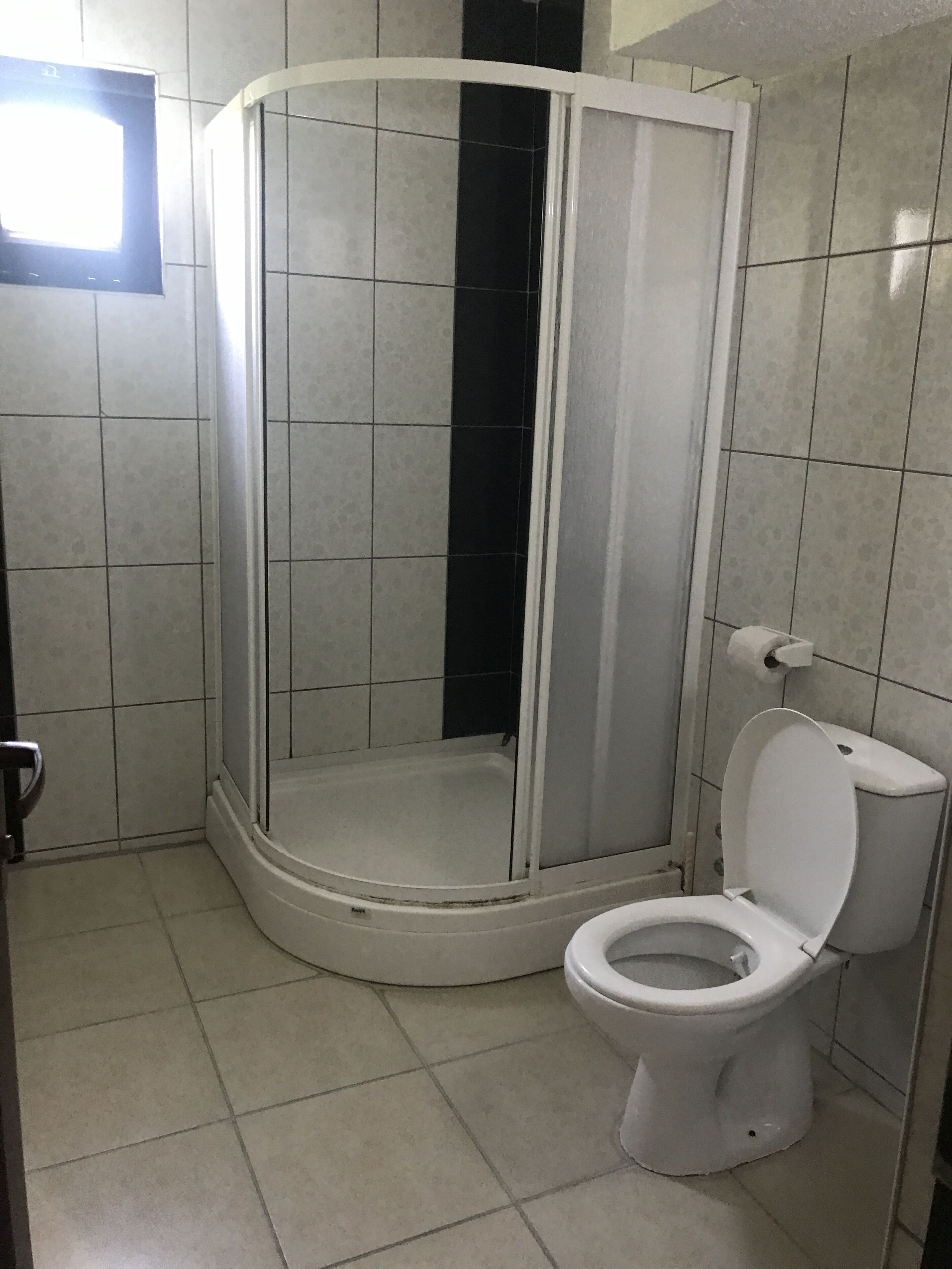 A bathroom with a shower enclosure, a toilet, and tiled walls.