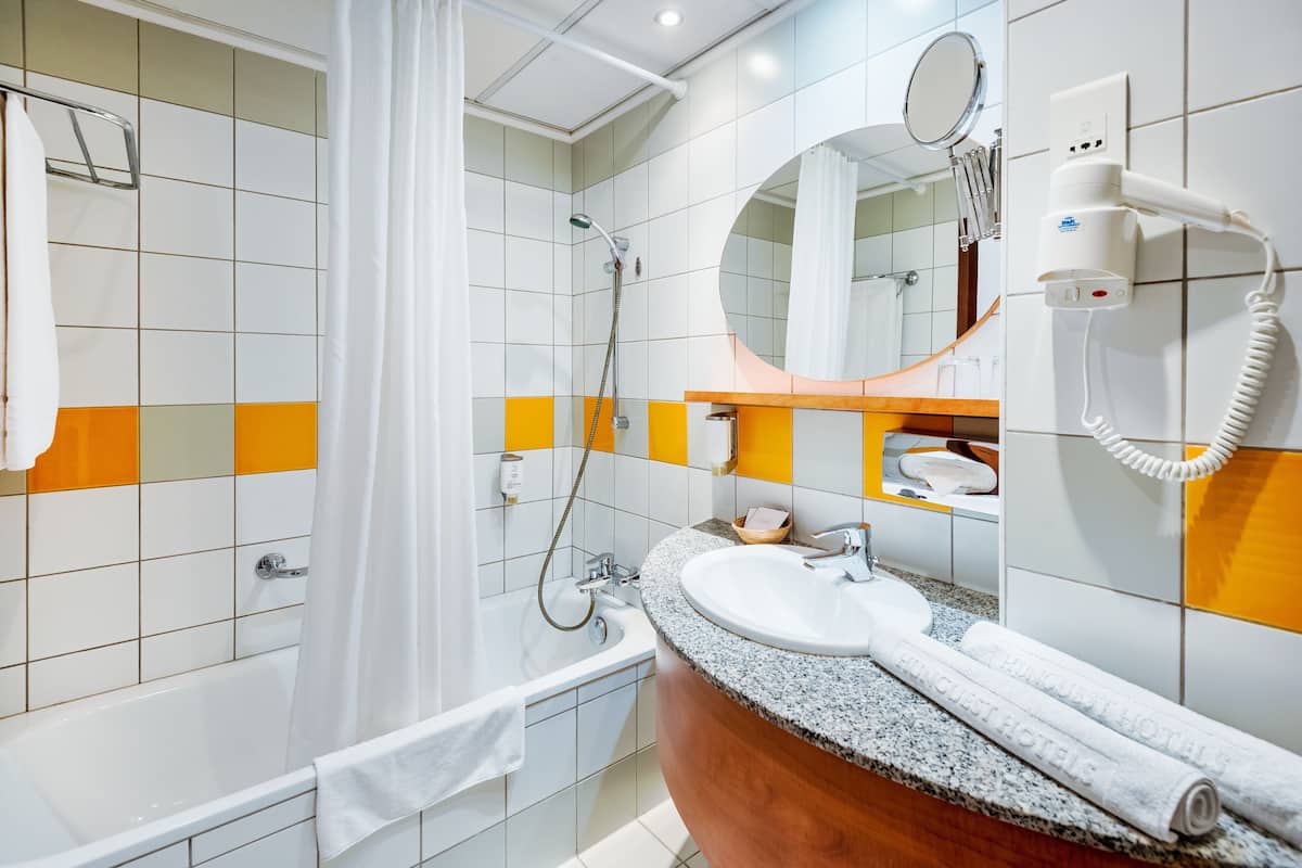 classic room | bathroom | hair dryer, bathrobes, towels, soap