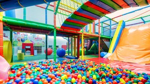 Un área de juegos interior llena de color con una piscina de pelotas, toboganes y estructuras para escalar.
