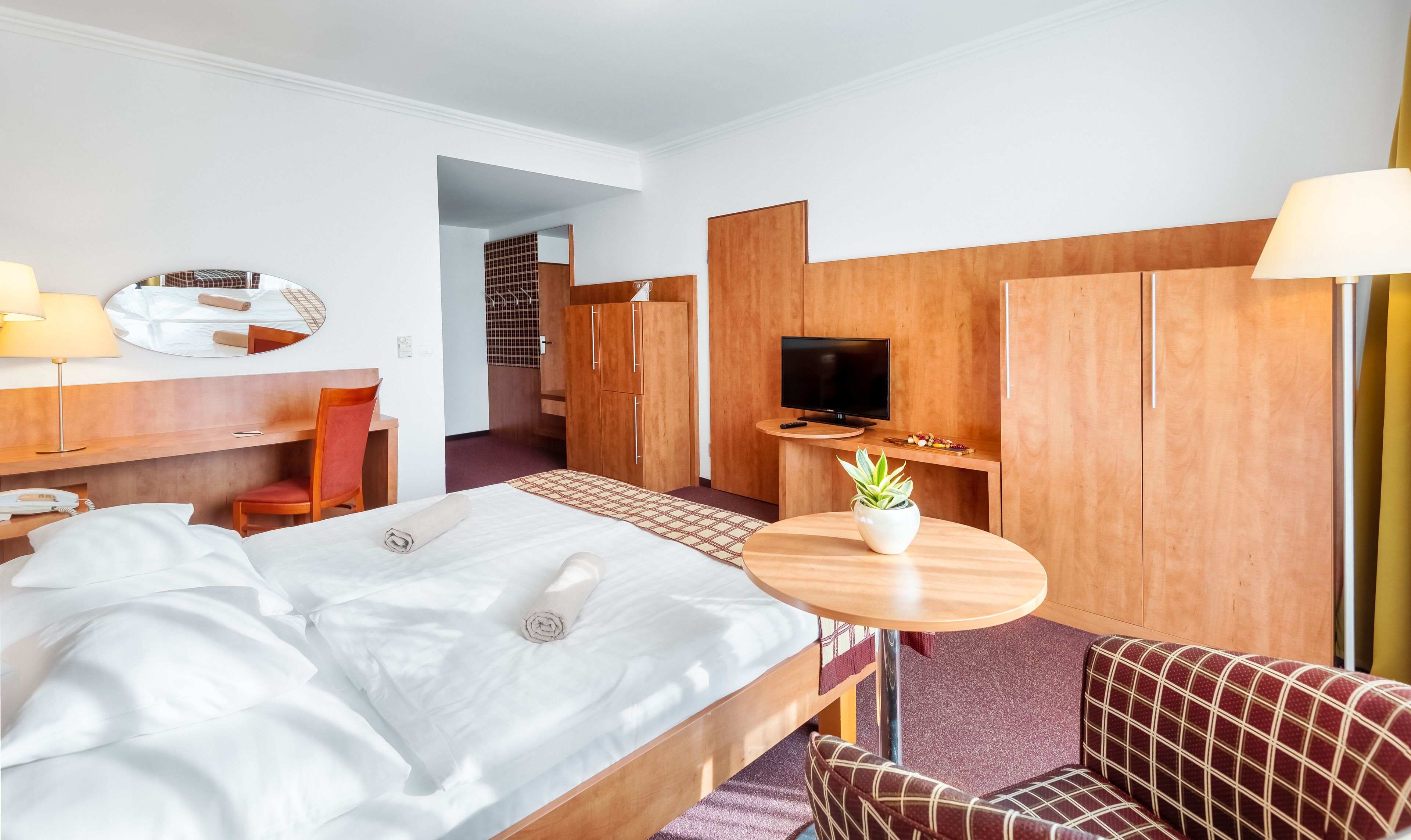 Une chambre d’hôtel avec un lit, un bureau avec une lampe, une télévision, une petite table avec une plante et une chaise.