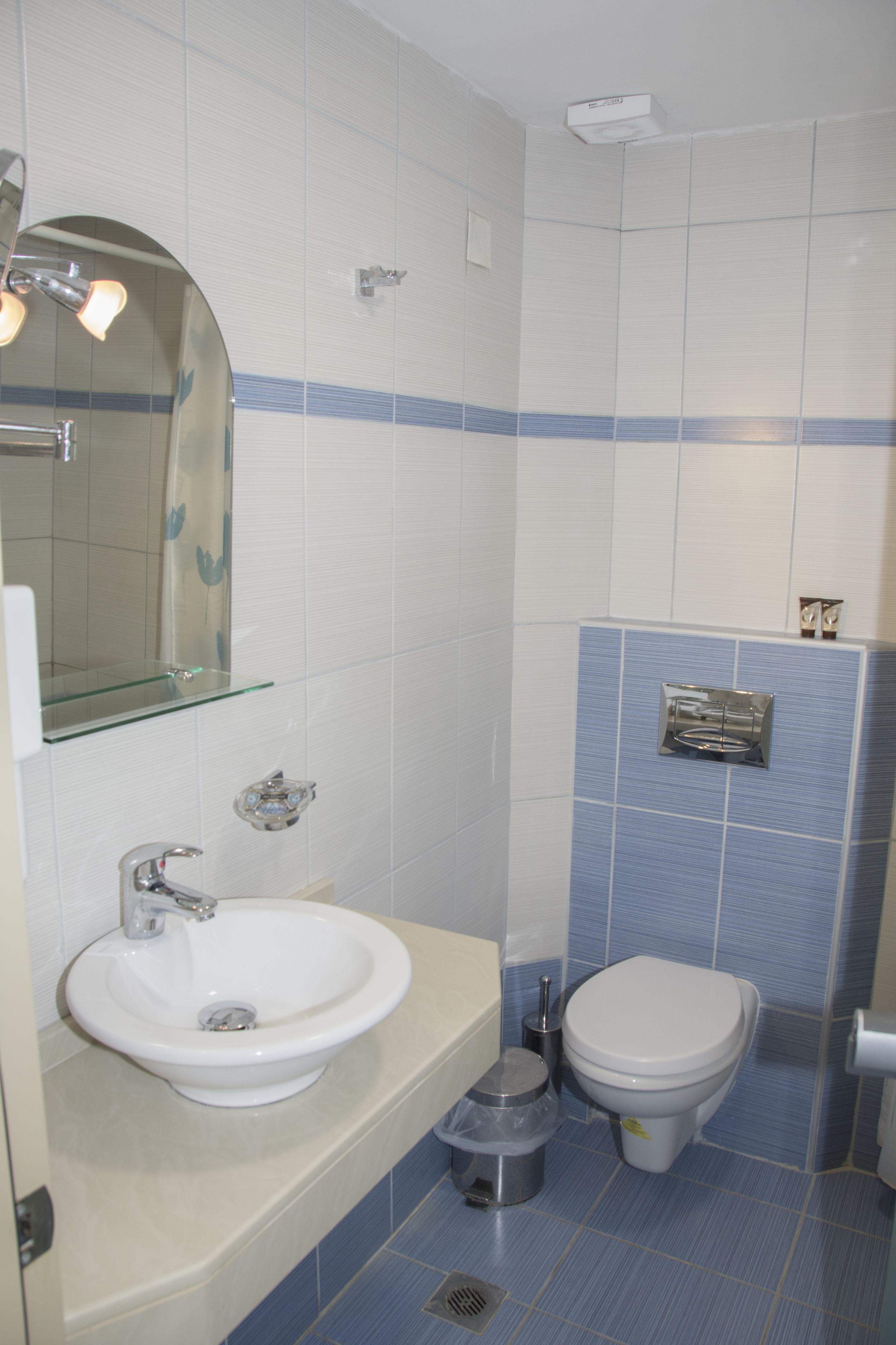 A bathroom with a sink, toilet, and a mirror.
