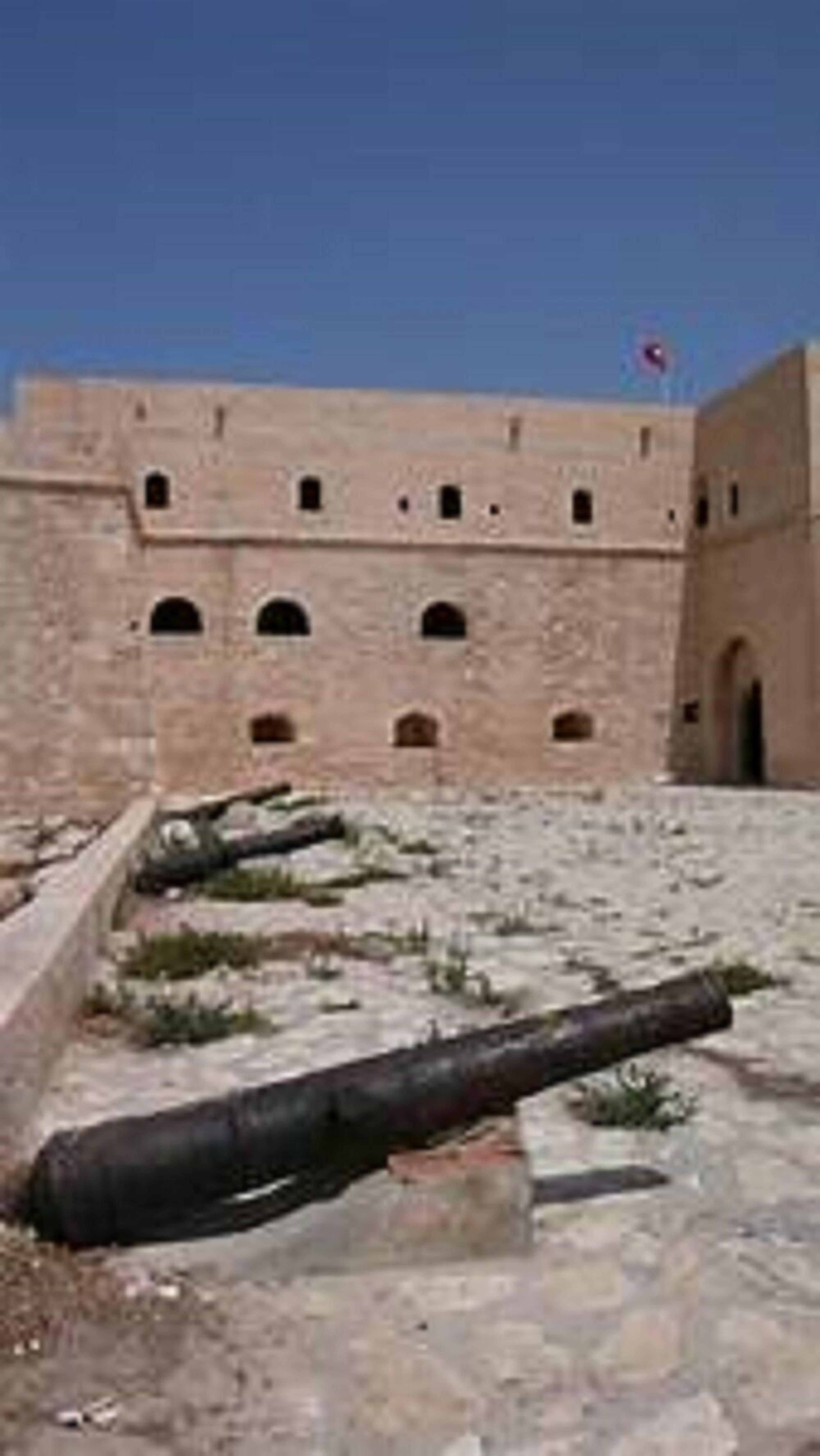 A historical building with multiple arched windows and a flag on top.