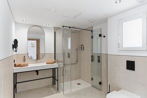A modern bathroom with a glass-enclosed shower, a vanity with a mirror, and a toilet.