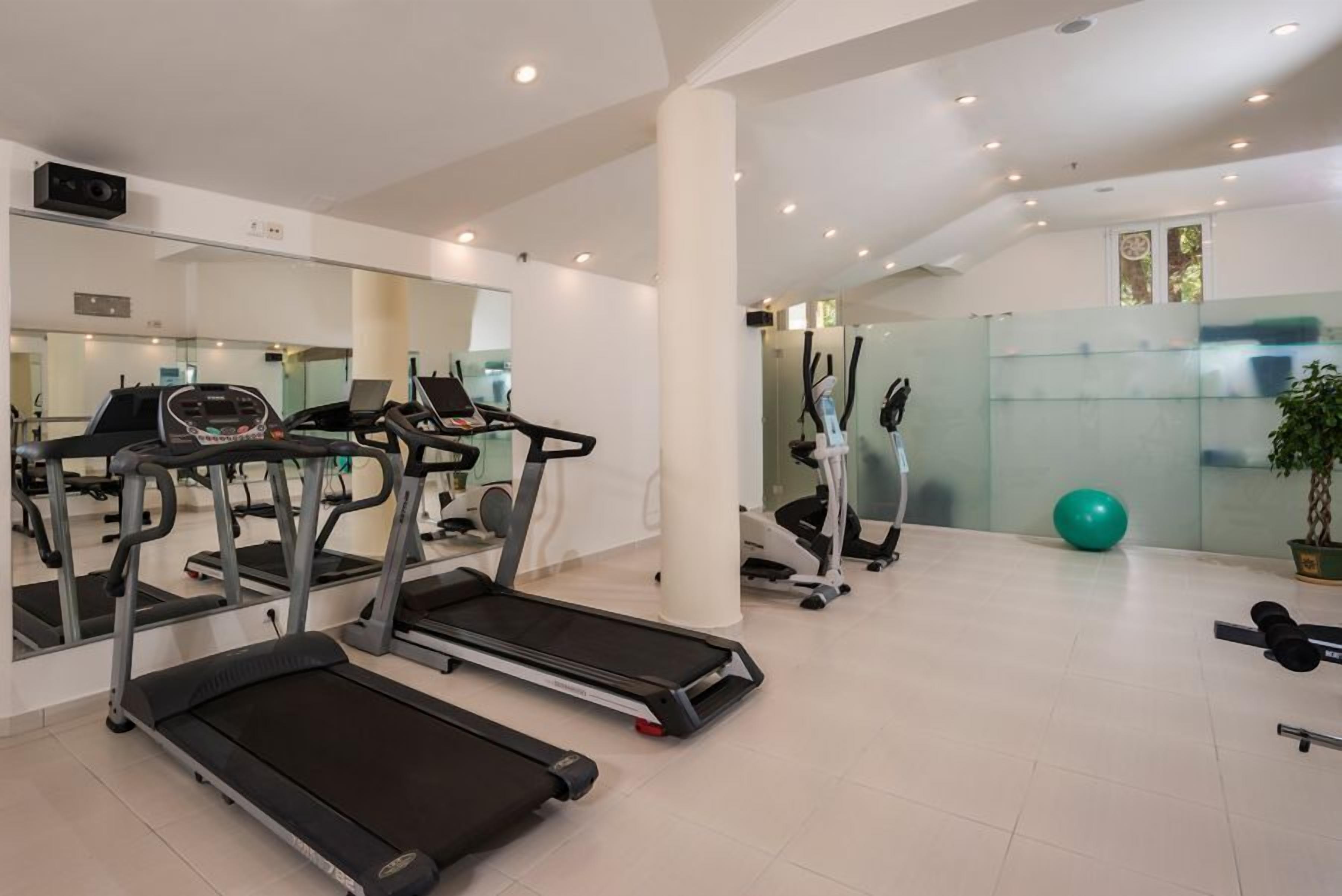 Un gimnasio moderno con cintas de correr, elípticas y una pelota de ejercicios verde.