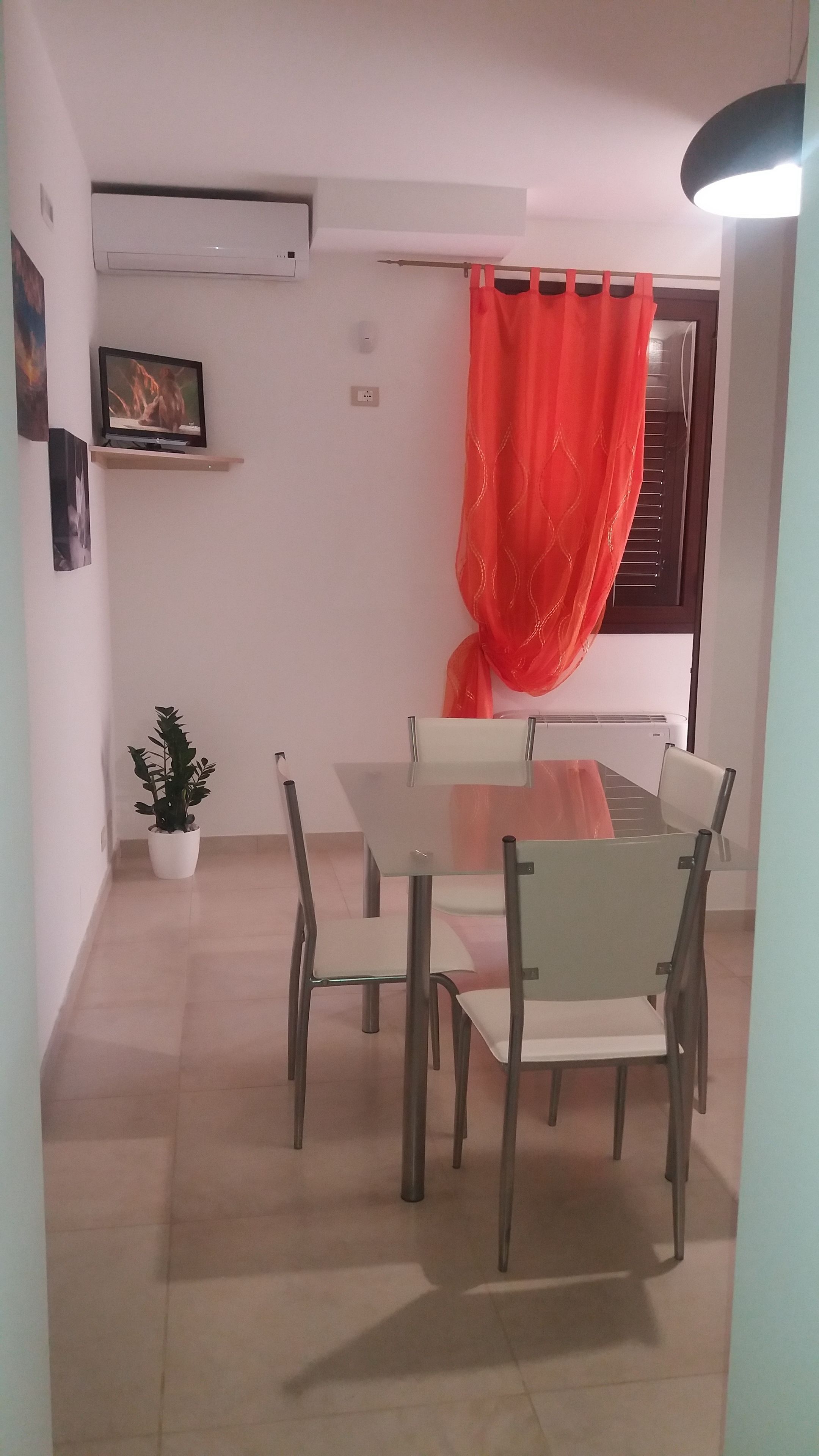 A dining area with a table and chairs, a potted plant, and a red curtain.