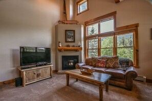 Televisión de pantalla plana, chimenea, reproductor de DVD