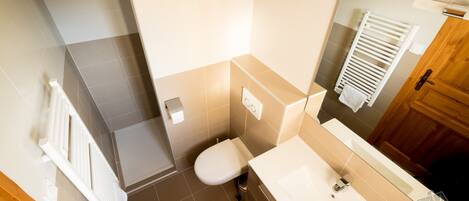 A bathroom with a toilet, sink, and mirror.