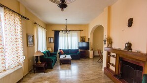 Una sala de estar con chimenea, sofá verde y televisor.