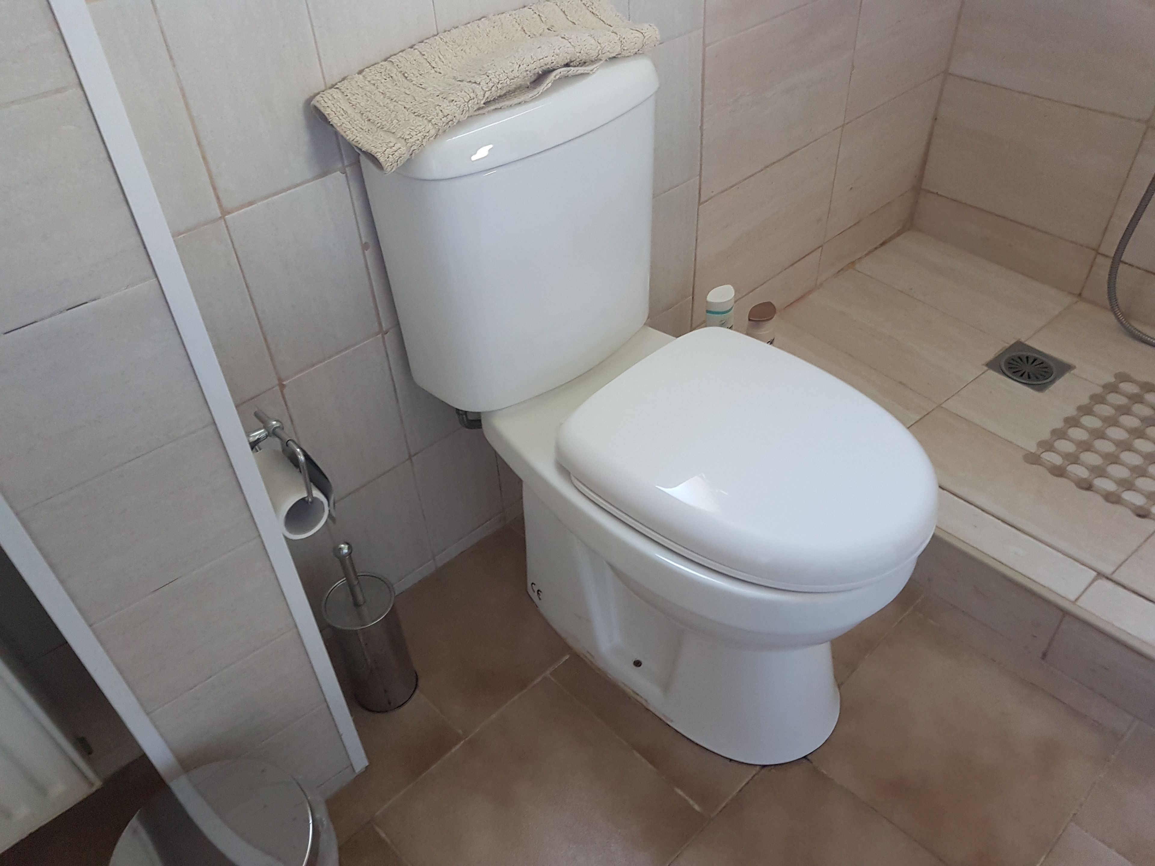 A bathroom with a white toilet, a shower, and a bidet.