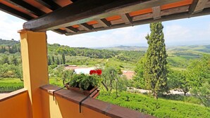 Un balcón con vistas a un paisaje verde, una planta en maceta y una pérgola de madera.