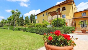 Una villa amarilla con fachada de piedra, un césped bien cuidado y una planta grande en maceta con flores rojas en primer plano.